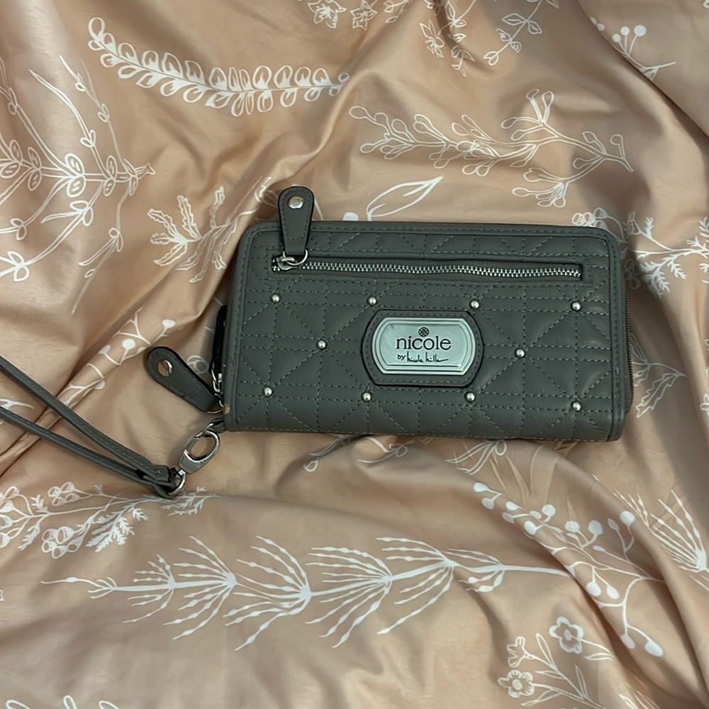 Grey wallet with wrist strap